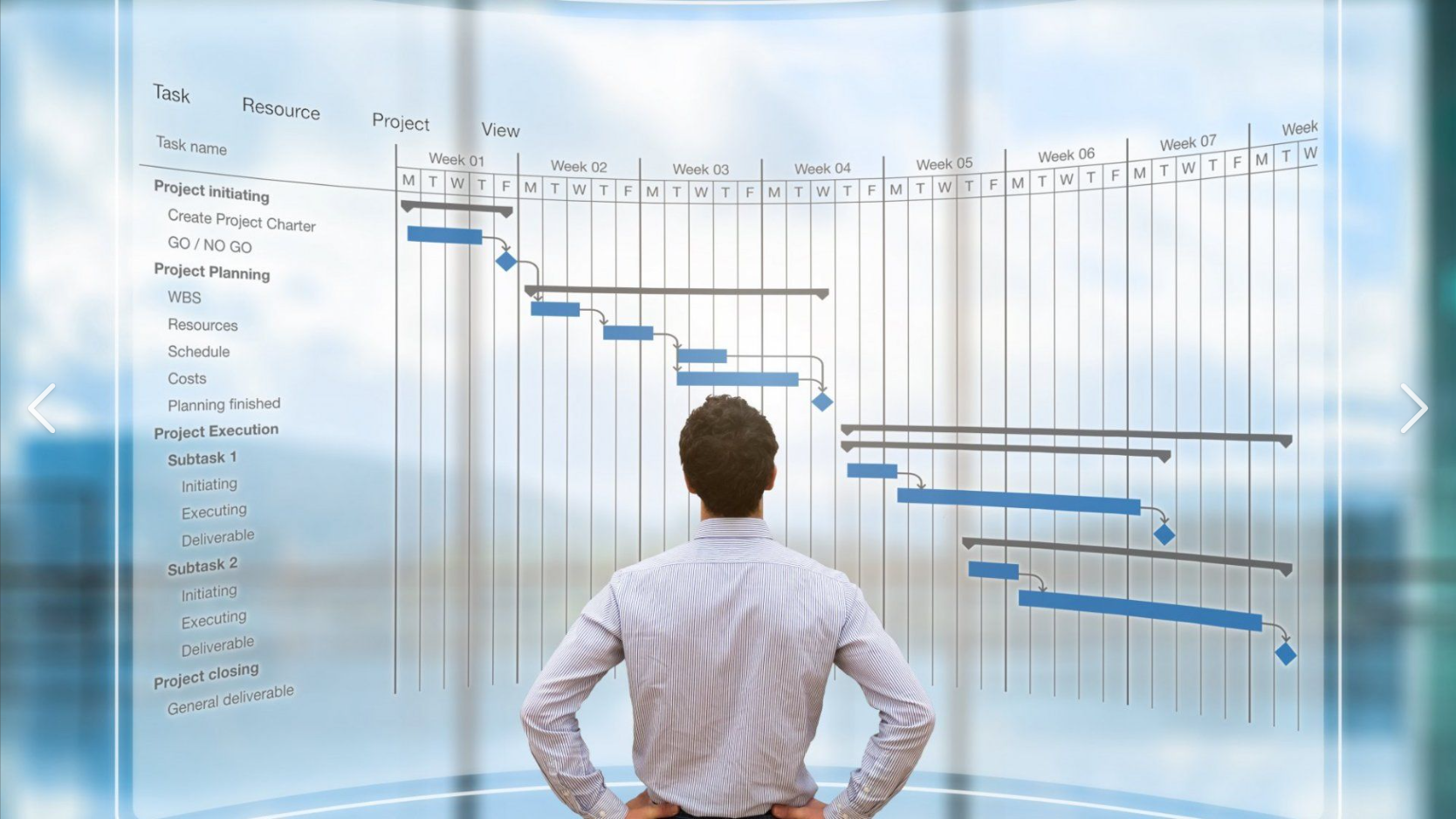 Man reviewing a detailed project schedule on a computer screen.