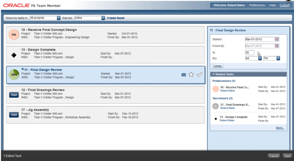 Screenshot of Oracle Primavera P6 Team Member interface showcasing its project management and collaboration features.